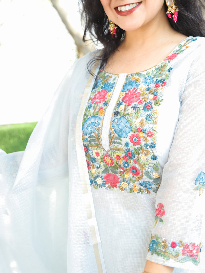 Jane Blue Kolkata Hand Embroidery Kota Doriya Set