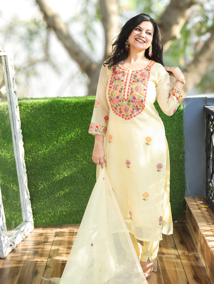 Jane Yellow Kolkata Hand Embroidery Kota Doriya Set