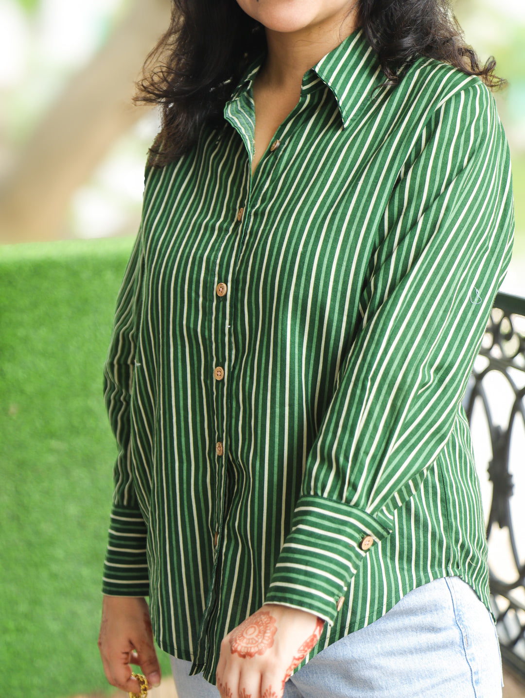 Himani Forest Green Stripe Print Wood Button Cotton Shirt