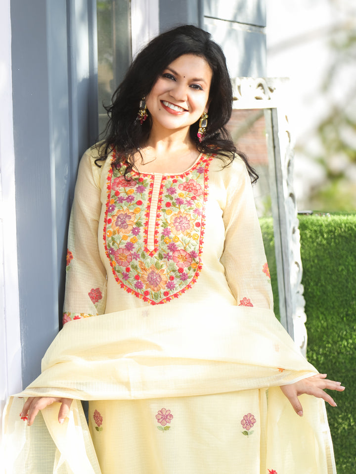 Jane Yellow Kolkata Hand Embroidery Kota Doriya Set