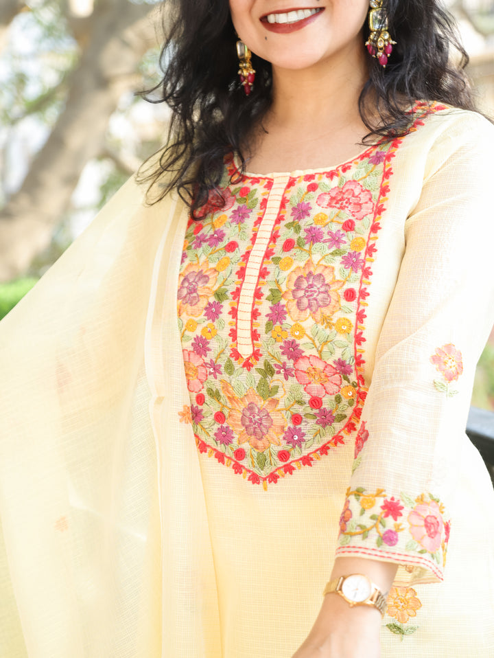 Jane Yellow Kolkata Hand Embroidery Kota Doriya Set