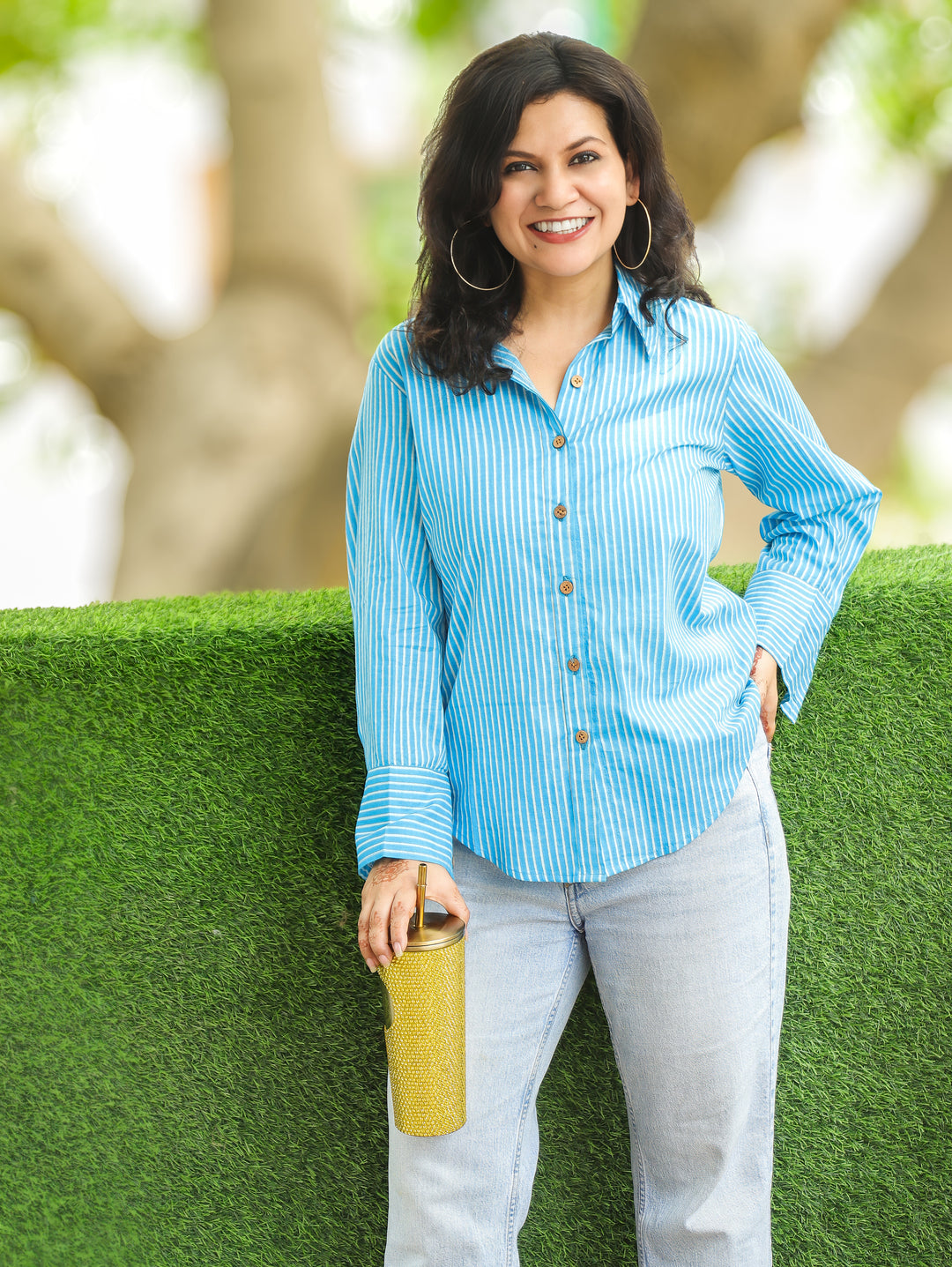 Himani Aqua Blue Stripe Print Wood Button Cotton Shirt