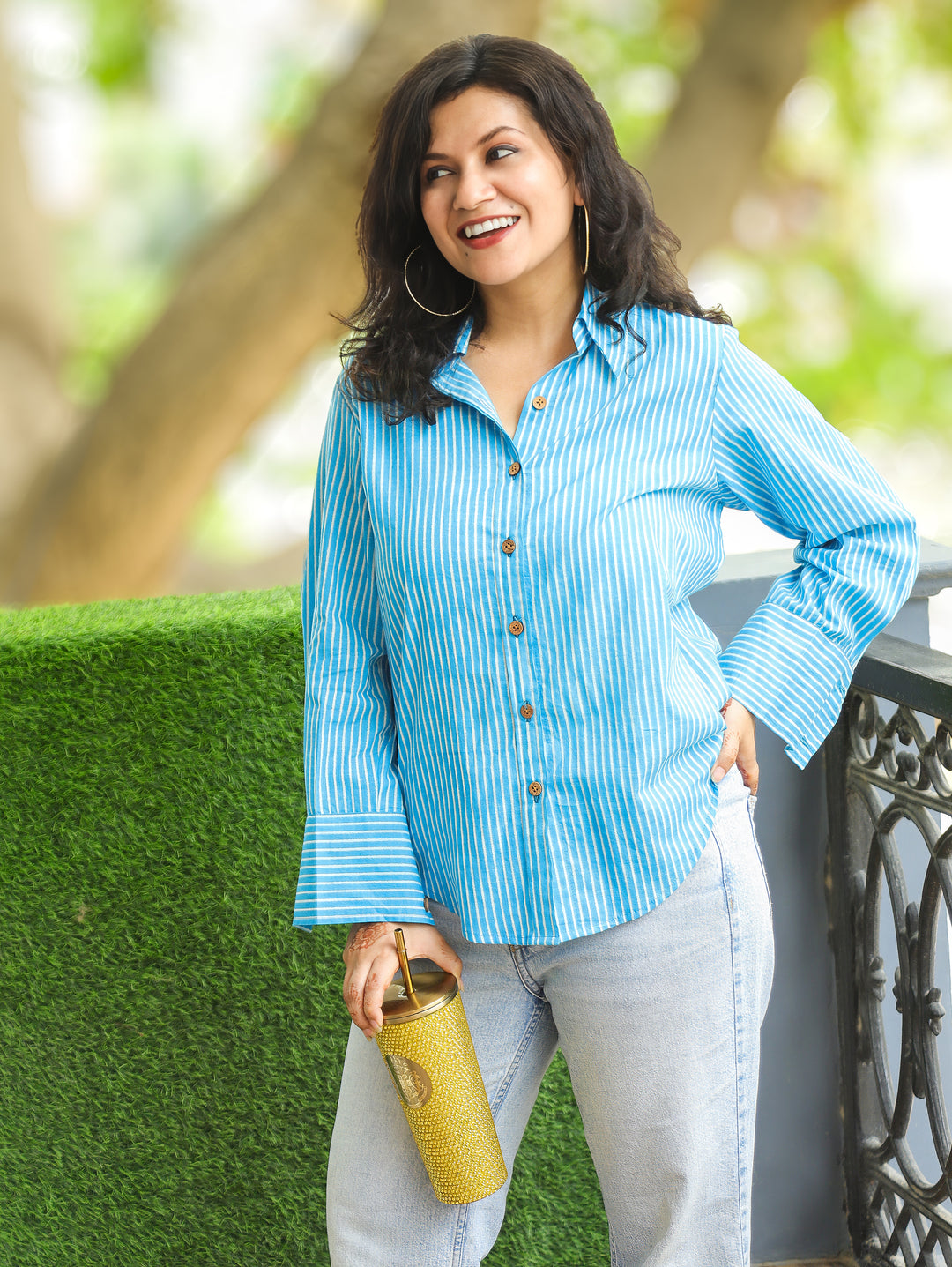 Himani Aqua Blue Stripe Print Wood Button Cotton Shirt