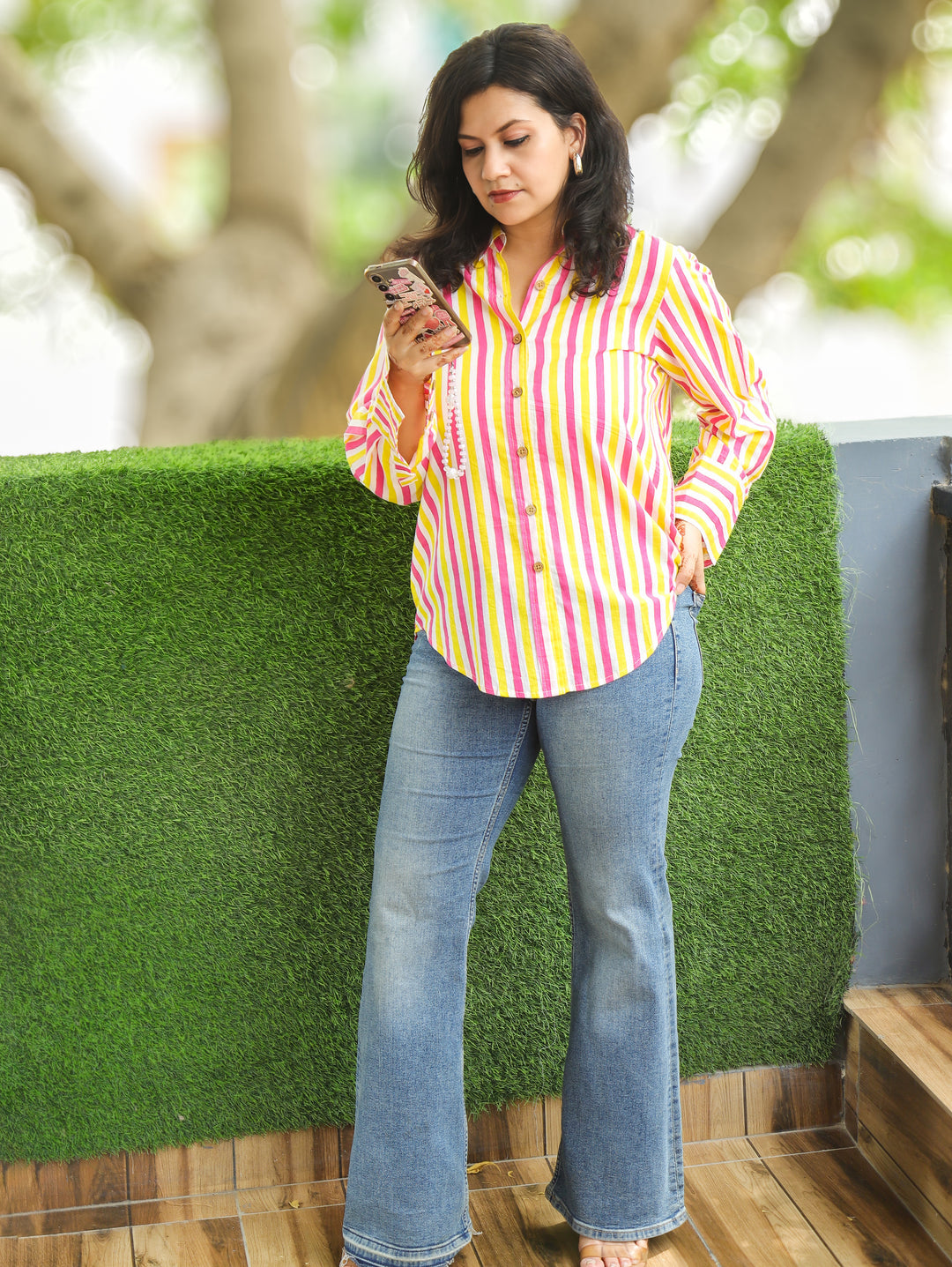 Himani Pink Yellow Stripe Print Wood Button Cotton Shirt