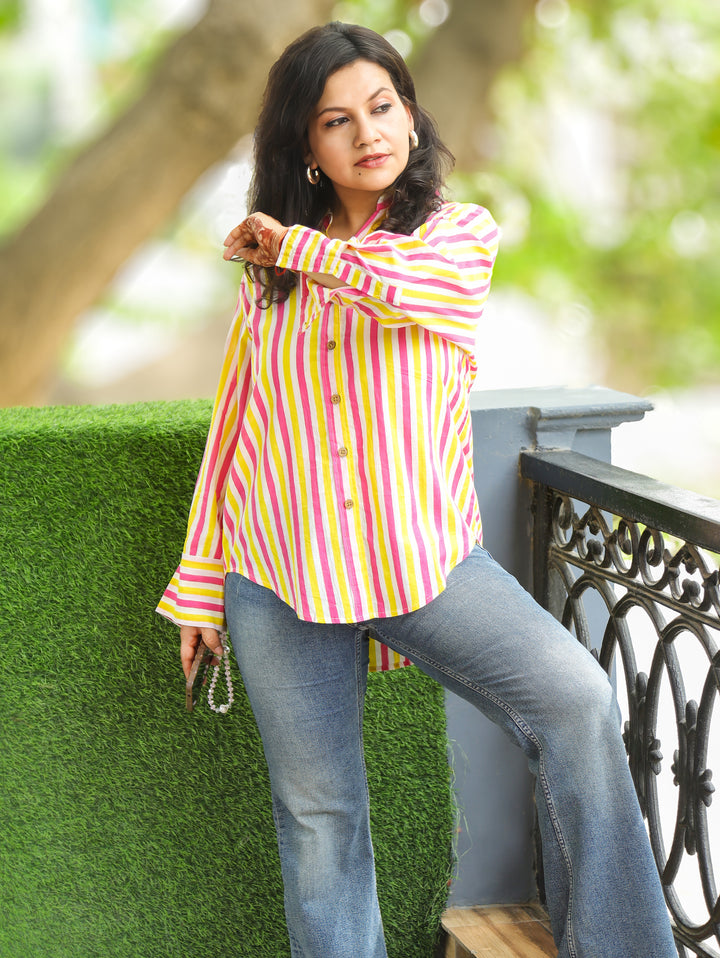 Himani Pink Yellow Stripe Print Wood Button Cotton Shirt