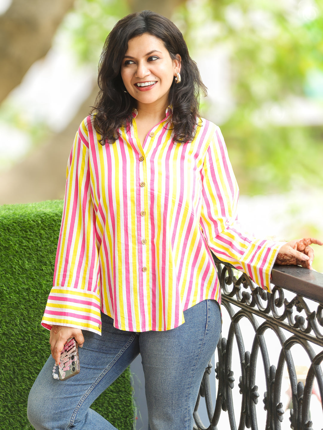 Himani Pink Yellow Stripe Print Wood Button Cotton Shirt