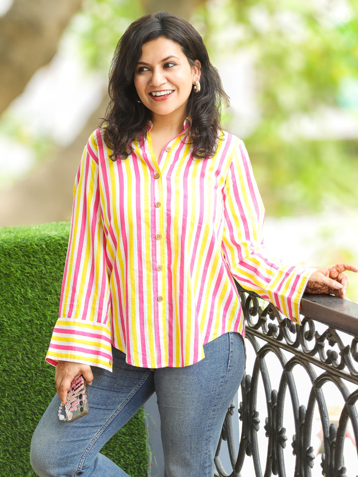 Himani Pink Yellow Stripe Print Wood Button Cotton Shirt