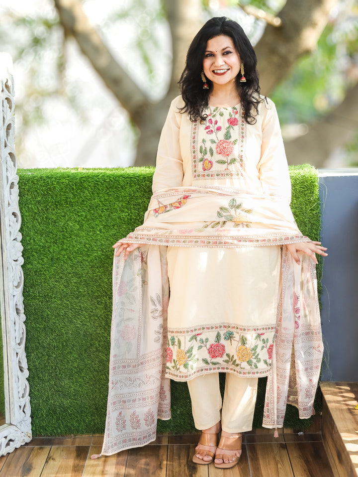 Ella Cream Beige Kantha Work Cotton Set