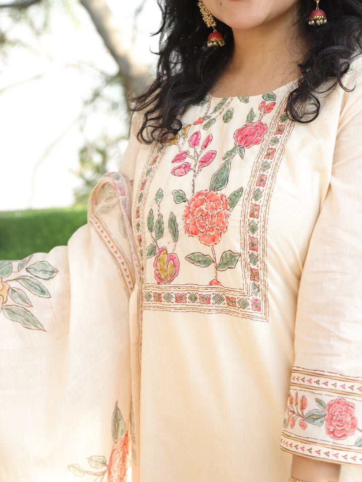 Ella Cream Beige Kantha Work Cotton Set