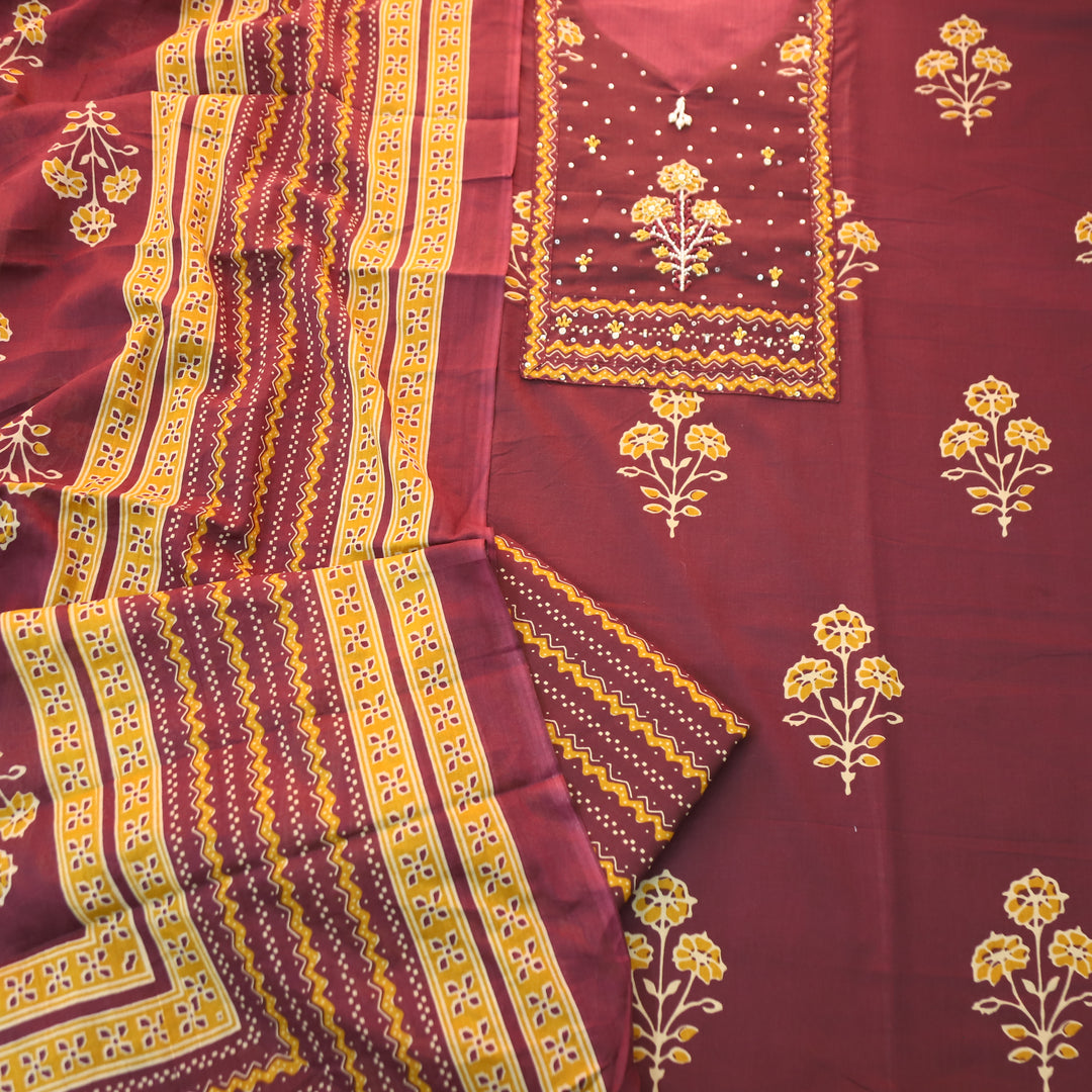 Raina Burgundy Wine French Knot Yoke Floral Printed Cotton Set