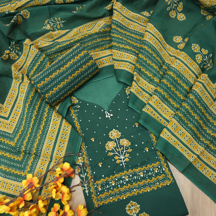Raina Emerald Green French Knot Yoke Floral Printed Cotton Set