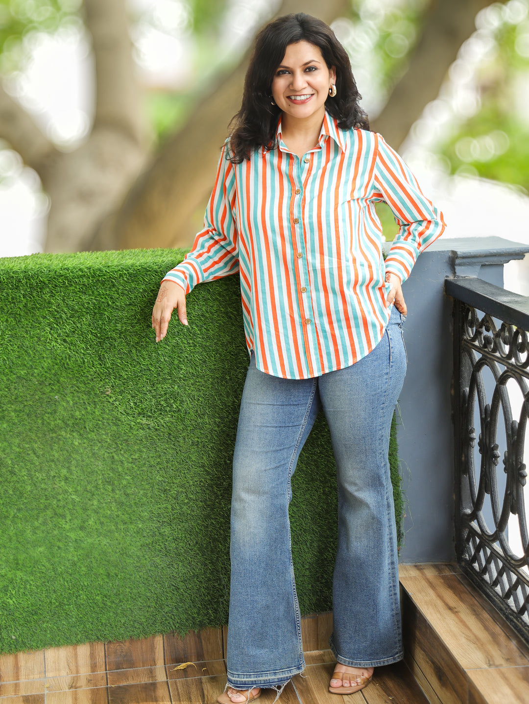 Himani Orange Blue Stripe Print Wood Button Cotton Shirt