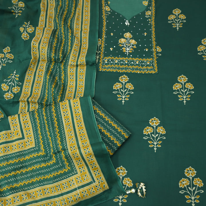 Raina Emerald Green French Knot Yoke Floral Printed Cotton Set