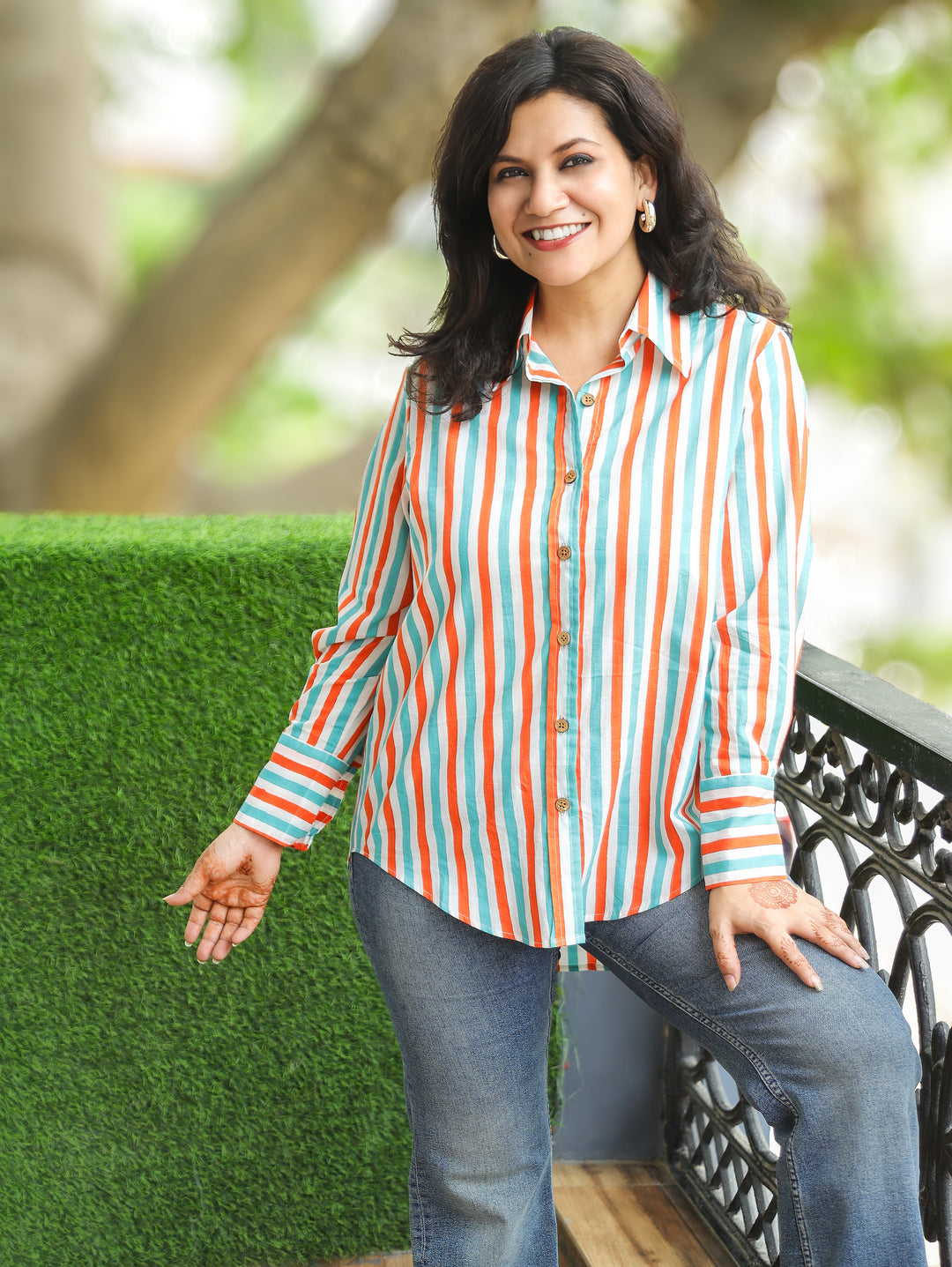 Himani Orange Blue Stripe Print Wood Button Cotton Shirt
