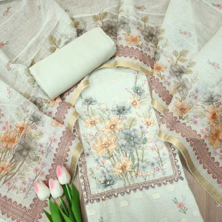 Ritu Hazel Beige Floral Print with French Knot Kota Doriya Set