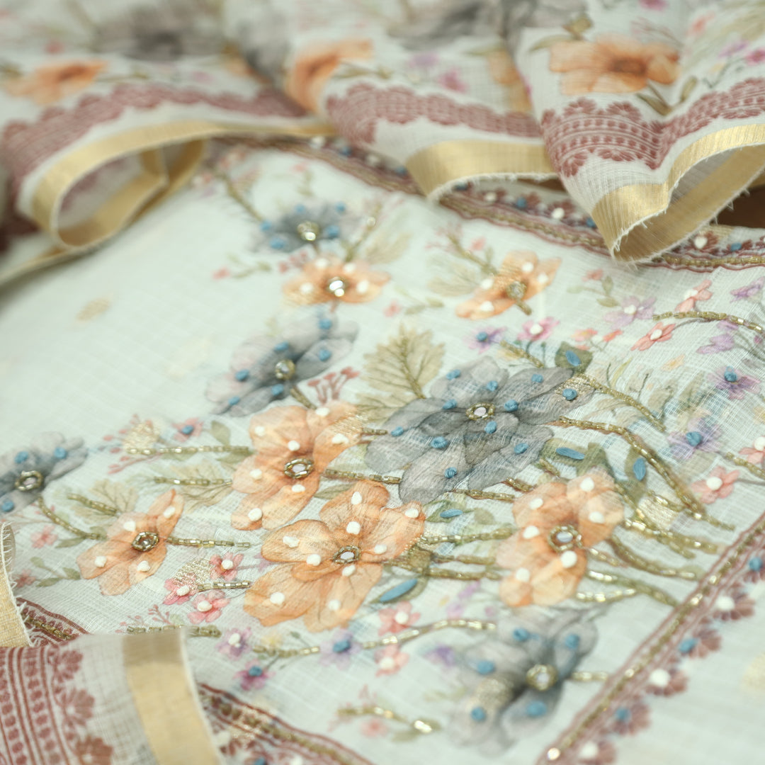 Ritu Hazel Beige Floral Print with French Knot Kota Doriya Set
