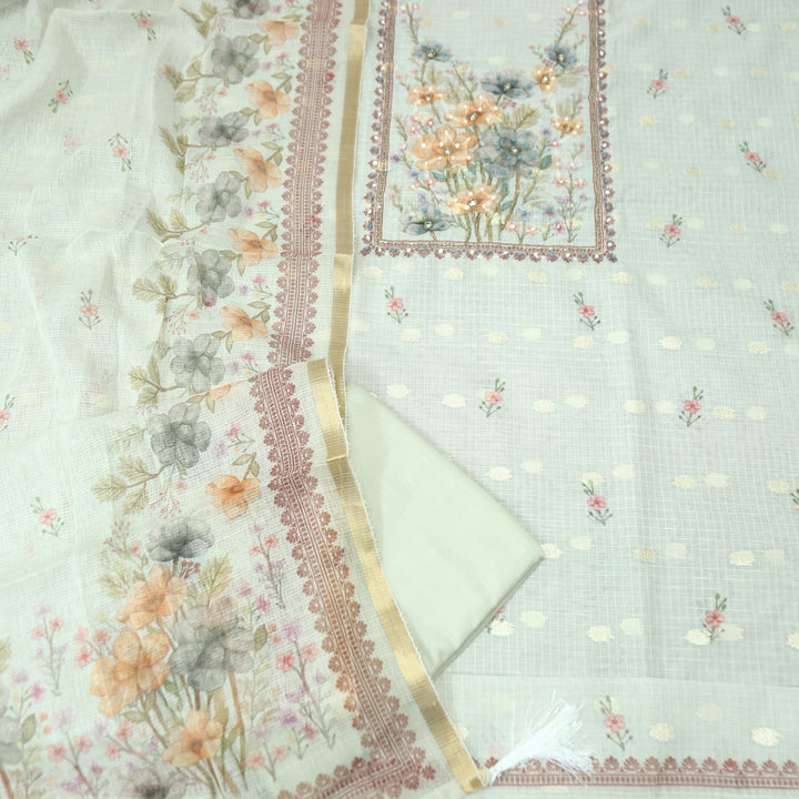 Ritu Hazel Beige Floral Print with French Knot Kota Doriya Set