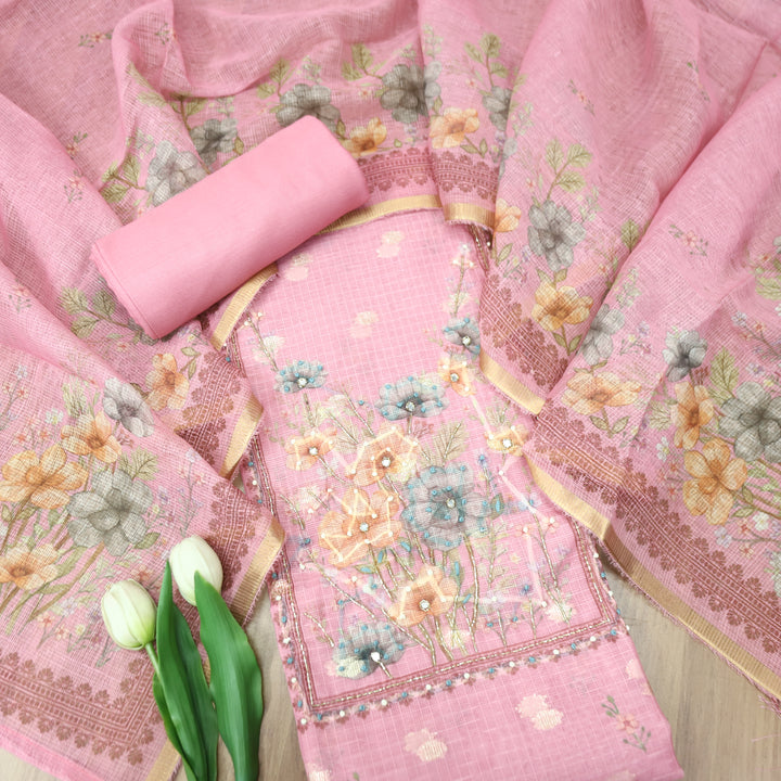 Ritu Candy Pink Floral Print with French Knot Kota Doriya Set