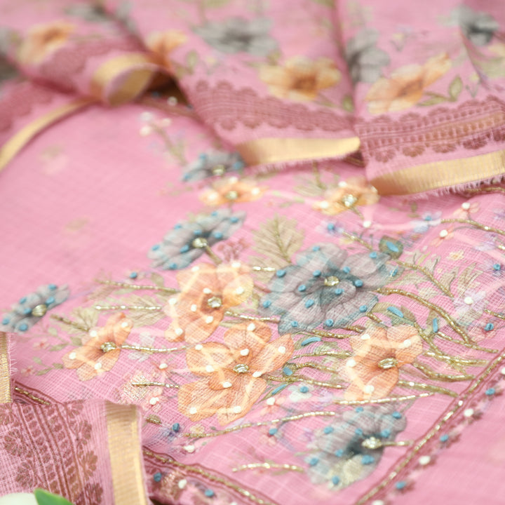 Ritu Candy Pink Floral Print with French Knot Kota Doriya Set