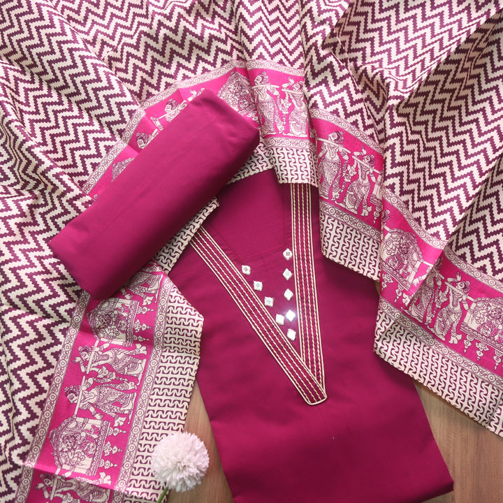 Rukshat Cranberry Wine Running Thread with Mirror Work Cambric Cotton Set