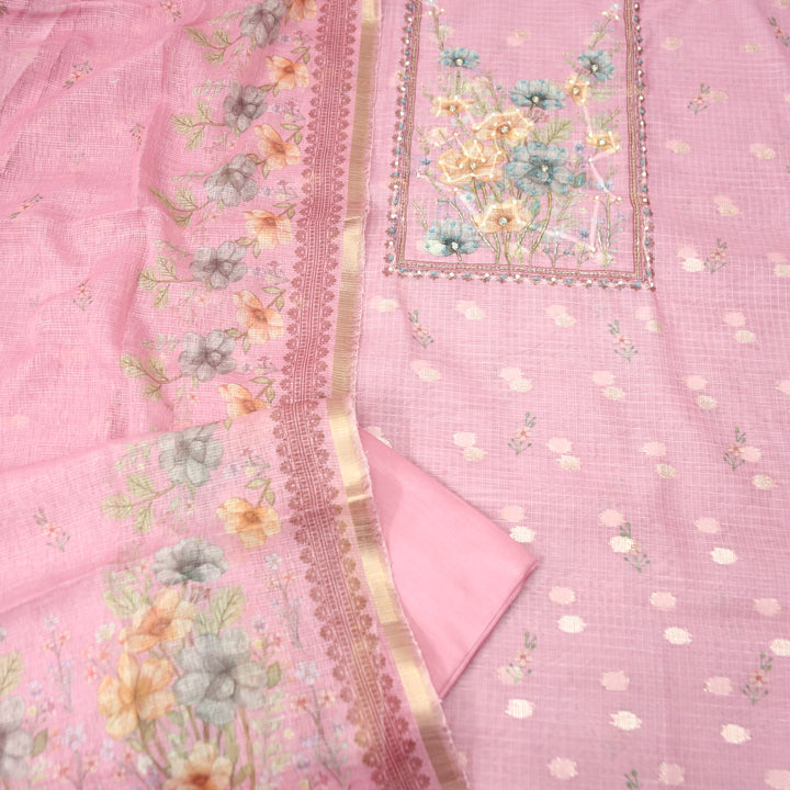 Ritu Candy Pink Floral Print with French Knot Kota Doriya Set