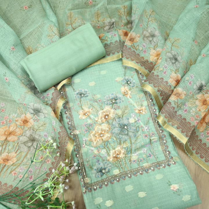 Ritu Sage Green Floral Print with French Knot Kota Doriya Set