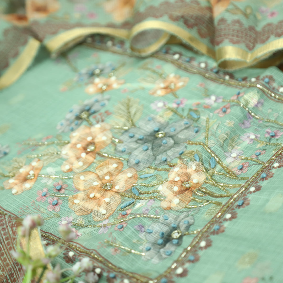 Ritu Sage Green Floral Print with French Knot Kota Doriya Set