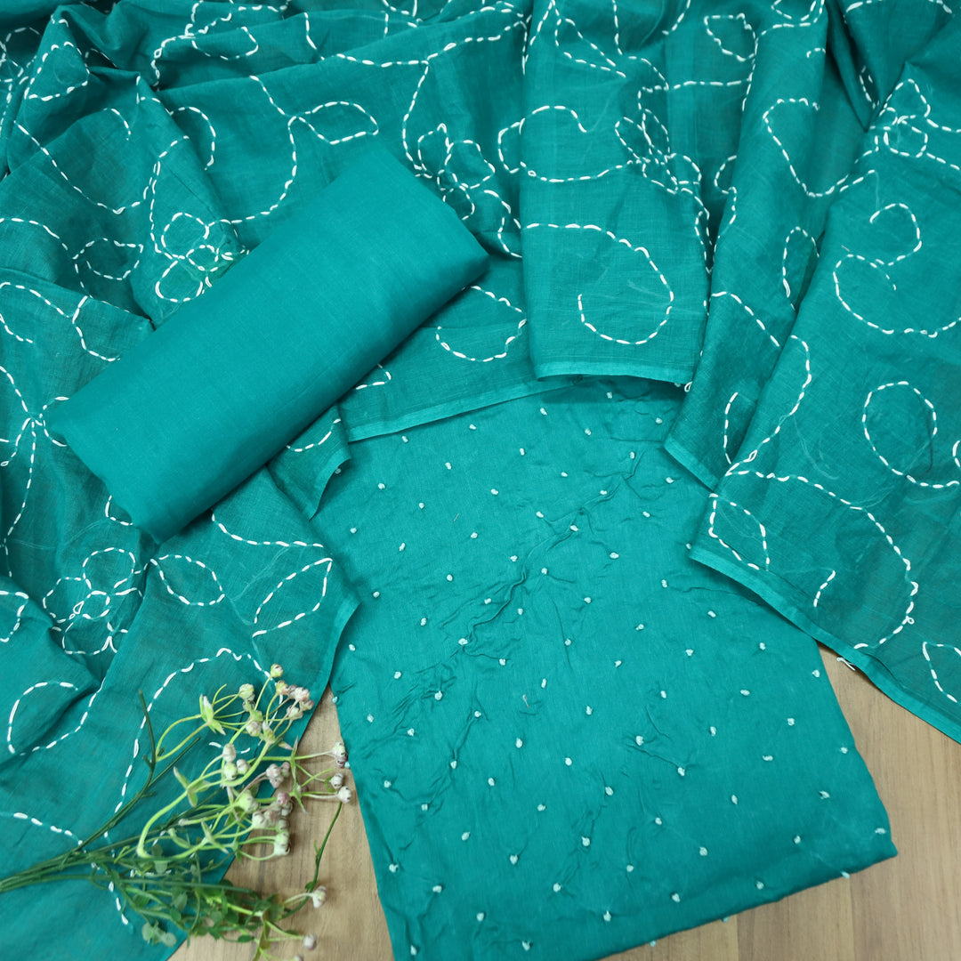 Kaveri Ocean Turquoise All Over French Knot Work Cotton Set