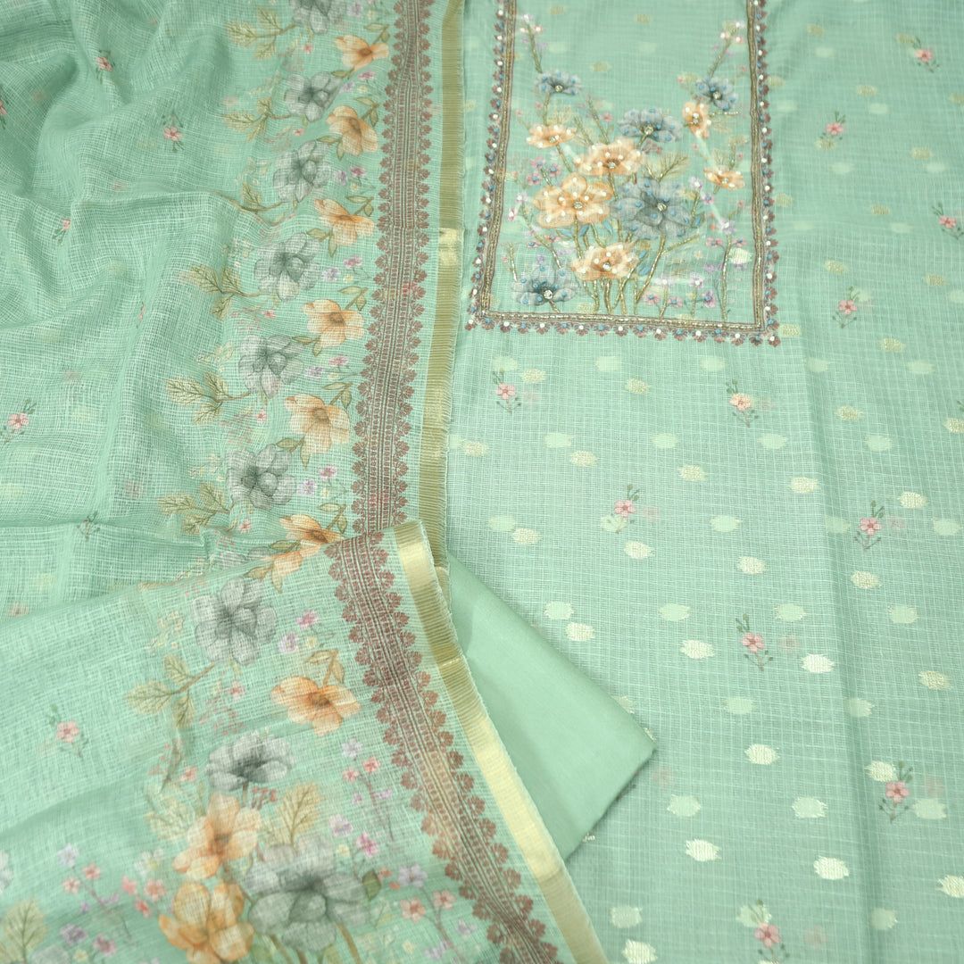 Ritu Sage Green Floral Print with French Knot Kota Doriya Set