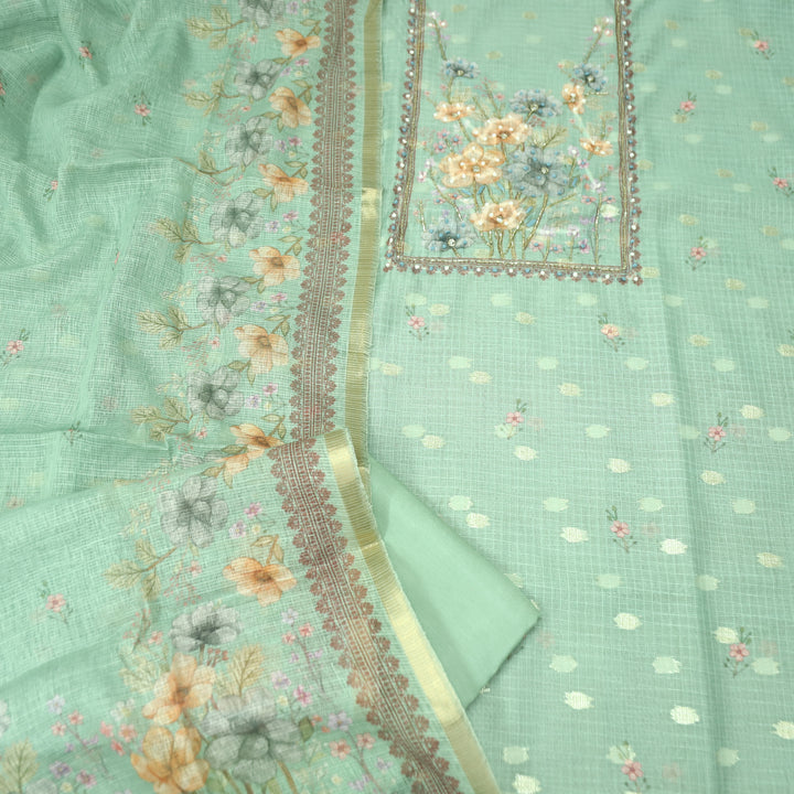 Ritu Sage Green Floral Print with French Knot Kota Doriya Set