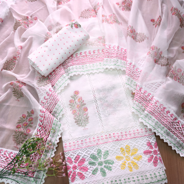 Hans Safed Hand Block Printed Panel With Crochet Hem Kota Doriya Set