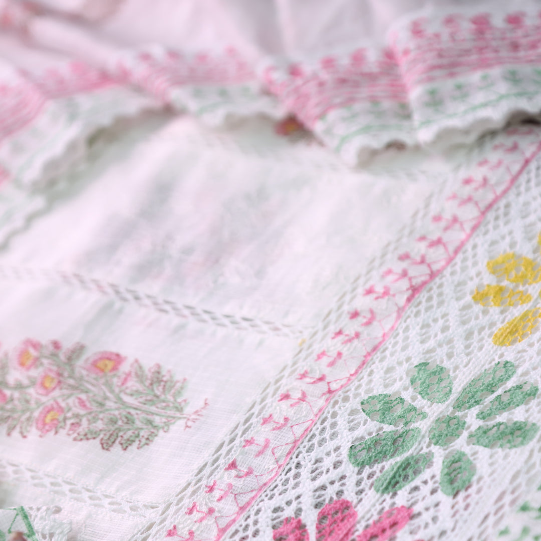 Hans Safed Hand Block Printed Panel With Crochet Hem Kota Doriya Set