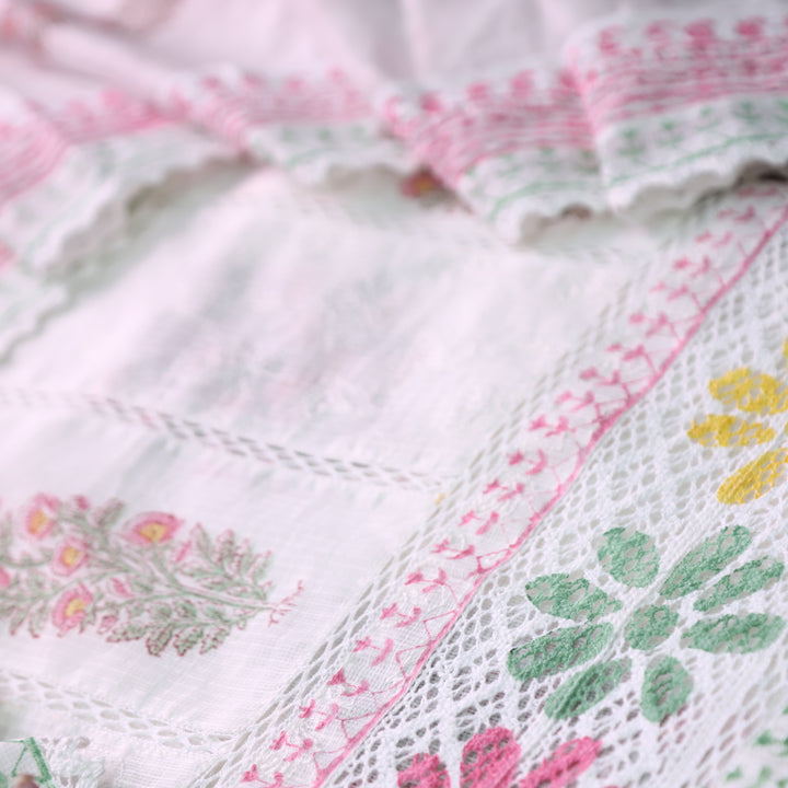 Hans Safed Hand Block Printed Panel With Crochet Hem Kota Doriya Set