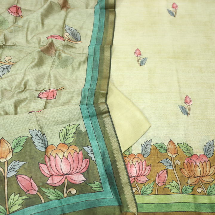 Yashfa Cream Beige Floral Print Maheswari Chanderi Set