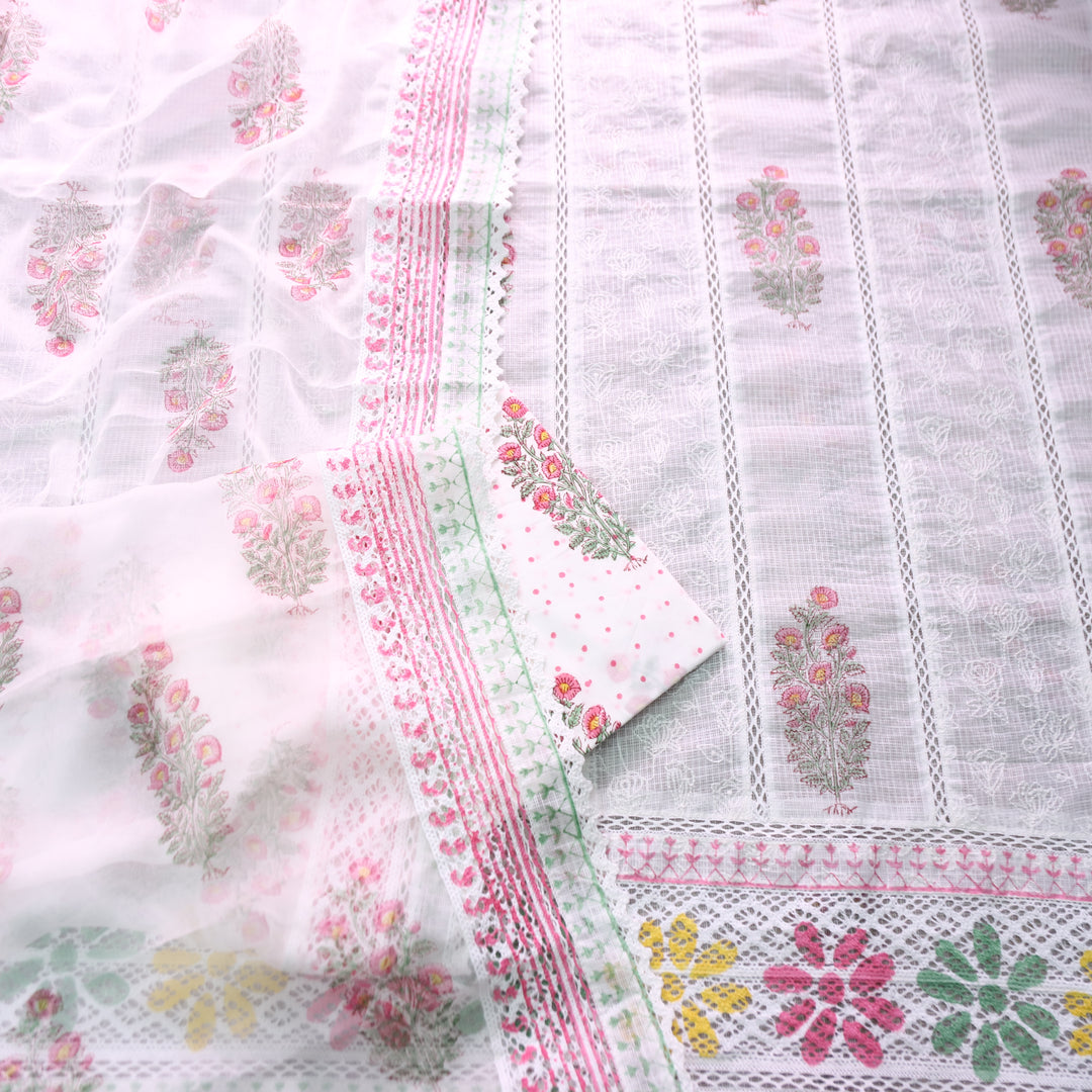 Hans Safed Hand Block Printed Panel With Crochet Hem Kota Doriya Set