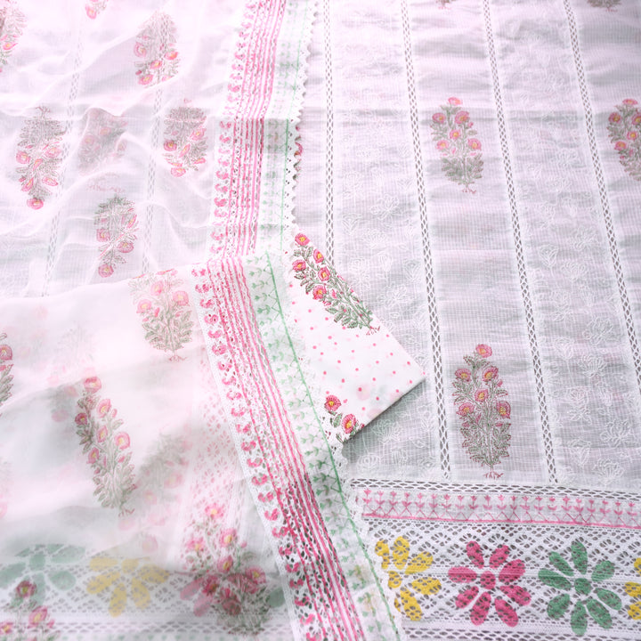 Hans Safed Hand Block Printed Panel With Crochet Hem Kota Doriya Set