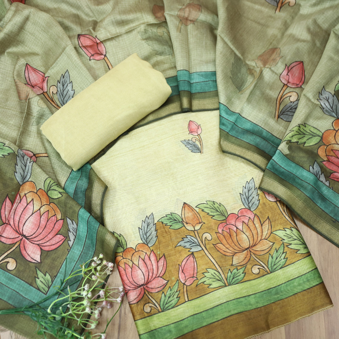 Yashfa Cream Beige Floral Print Maheswari Chanderi Set