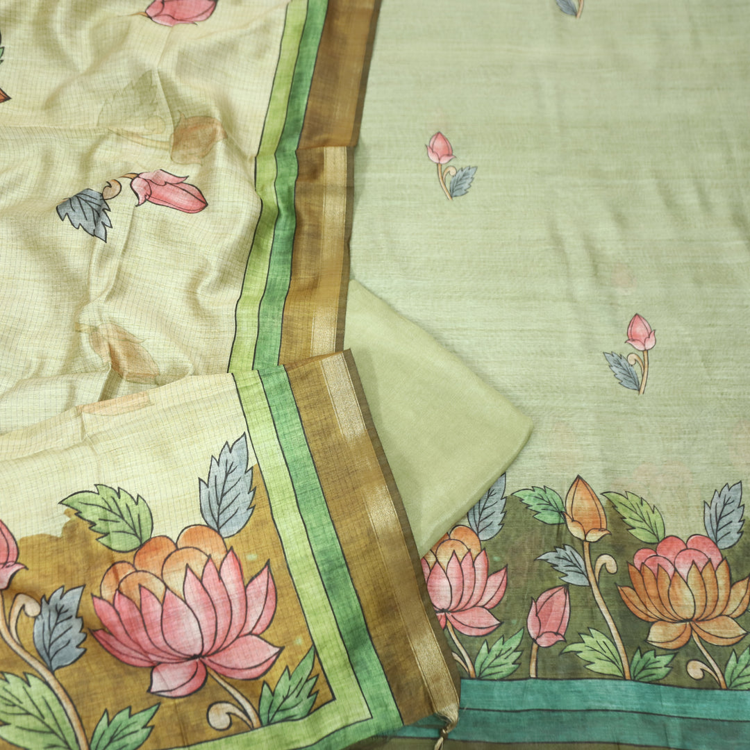 Yashfa Fern Green Floral Print Maheswari Chanderi Set