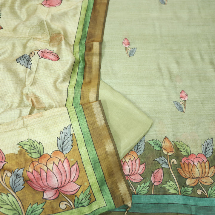 Yashfa Fern Green Floral Print Maheswari Chanderi Set