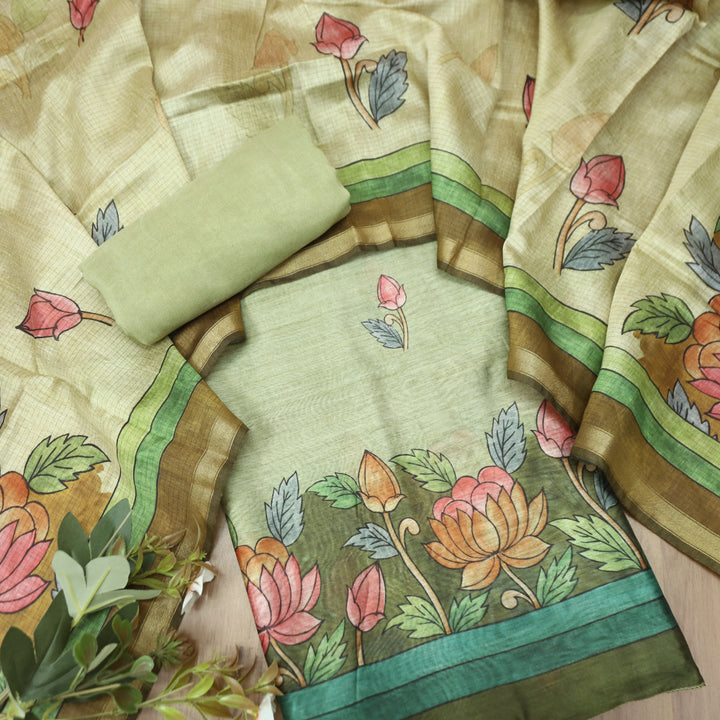 Yashfa Fern Green Floral Print Maheswari Chanderi Set