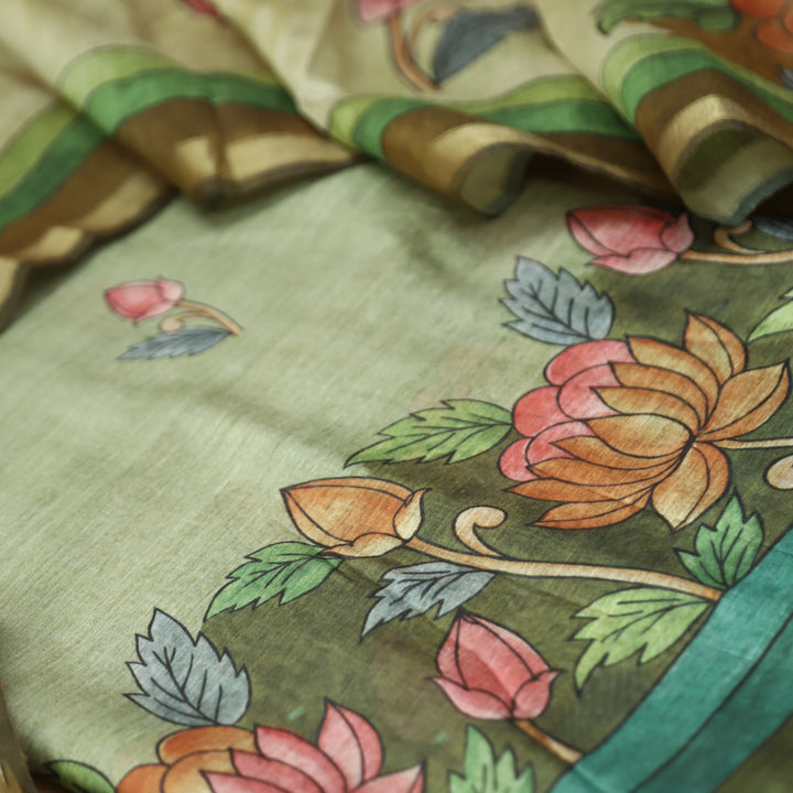Yashfa Fern Green Floral Print Maheswari Chanderi Set