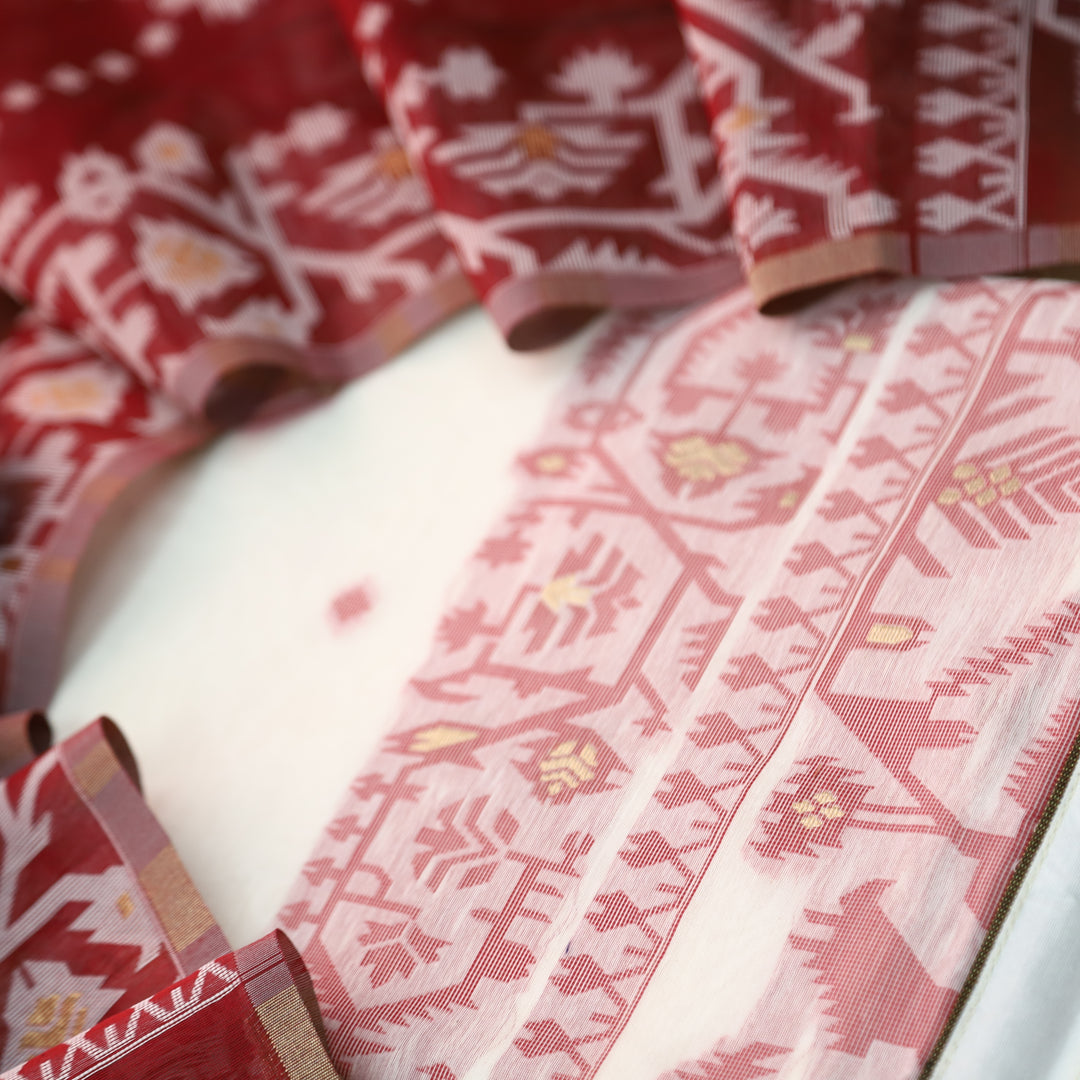 Surya White with Red Authentic Jamdani Weaved Detailing Suit Set