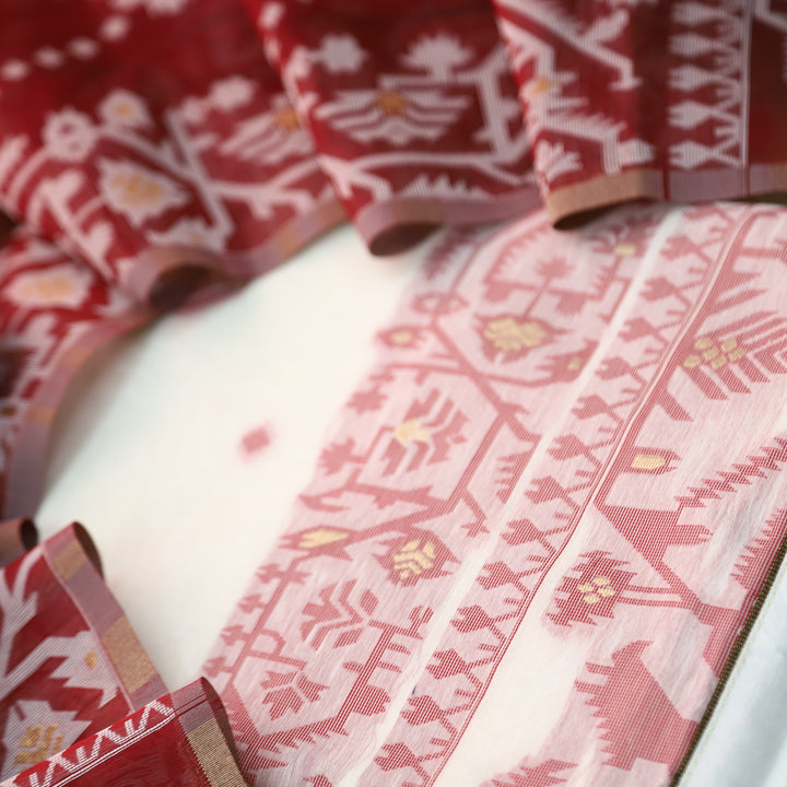 Surya White with Red Authentic Jamdani Weaved Detailing Suit Set