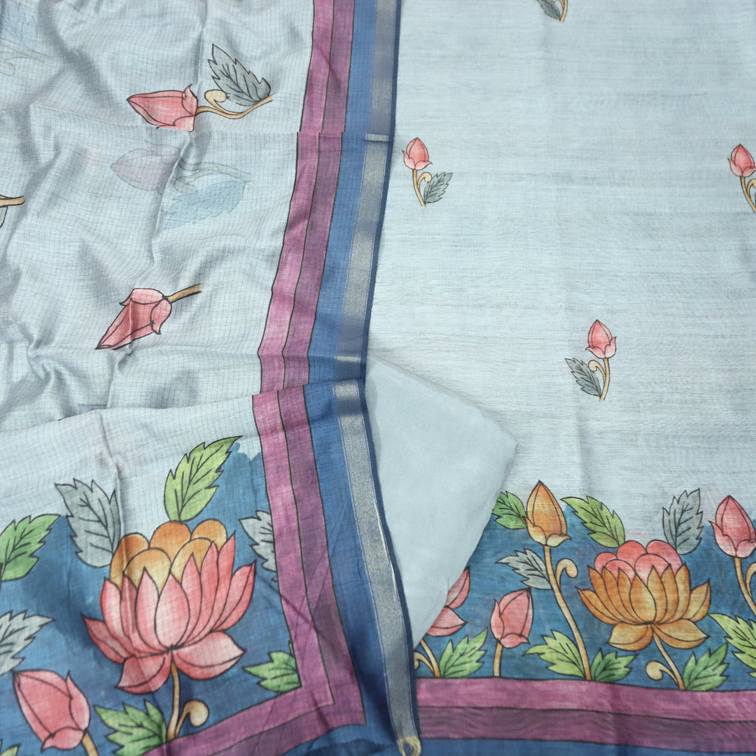 Yashfa Bluish Grey Floral Print Maheswari Chanderi Set