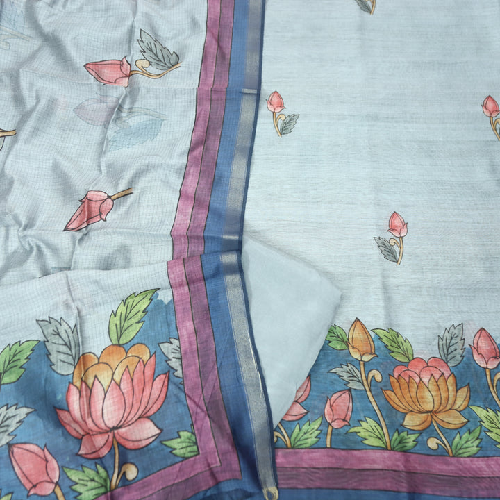 Yashfa Bluish Grey Floral Print Maheswari Chanderi Set