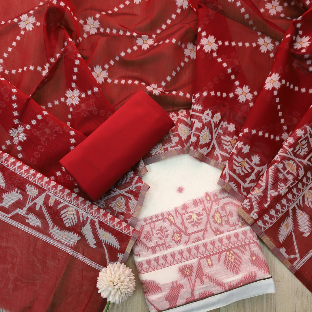 Surya White with Red Authentic Jamdani Weaved Detailing Suit Set