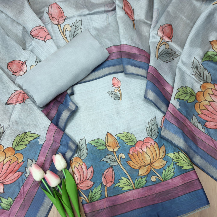 Yashfa Bluish Grey Floral Print Maheswari Chanderi Set