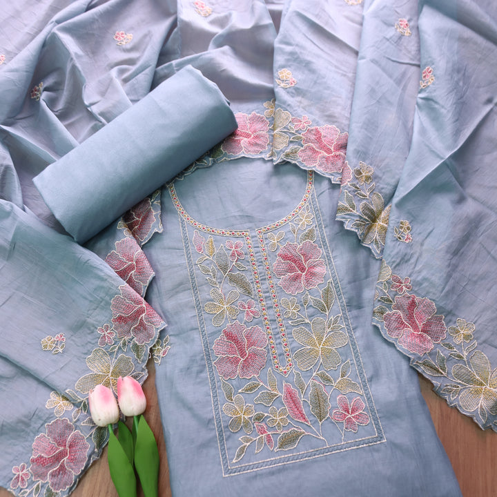 Sakhi Powder Blue Zari with Thread Embroidered Chanderi Suit Set