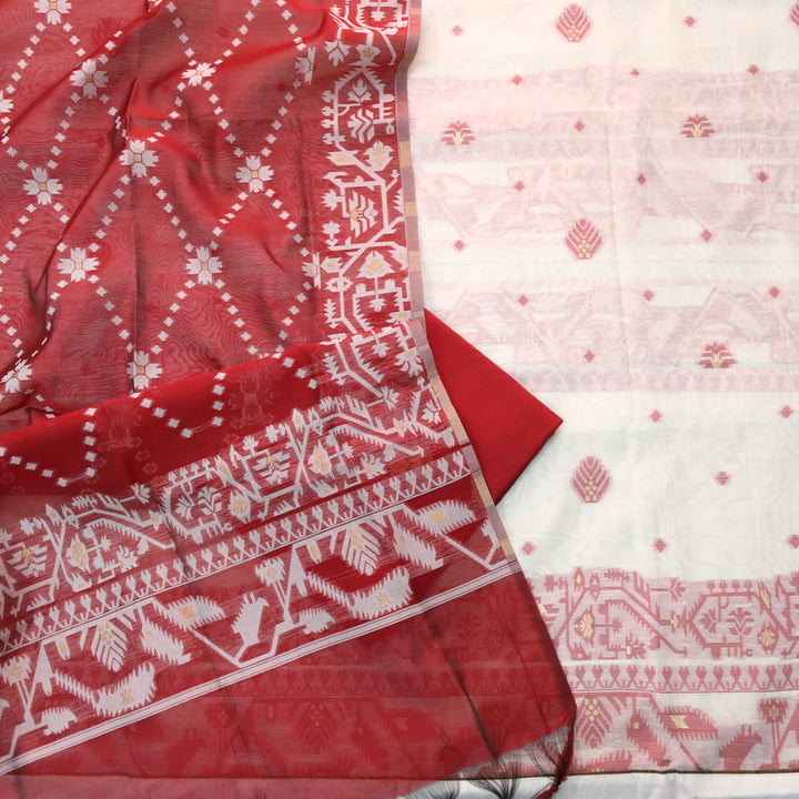 Surya White with Red Authentic Jamdani Weaved Detailing Suit Set