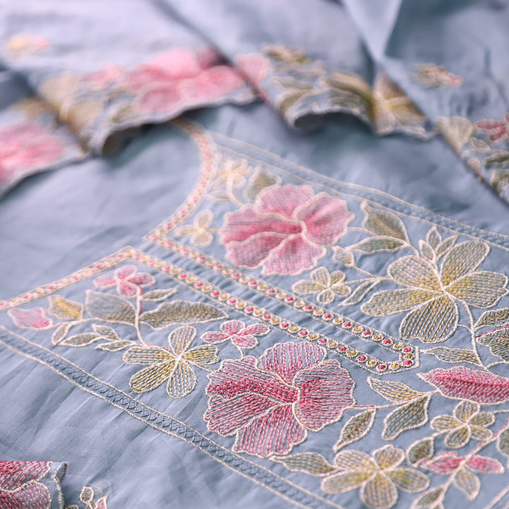 Sakhi Powder Blue Zari with Thread Embroidered Chanderi Suit Set